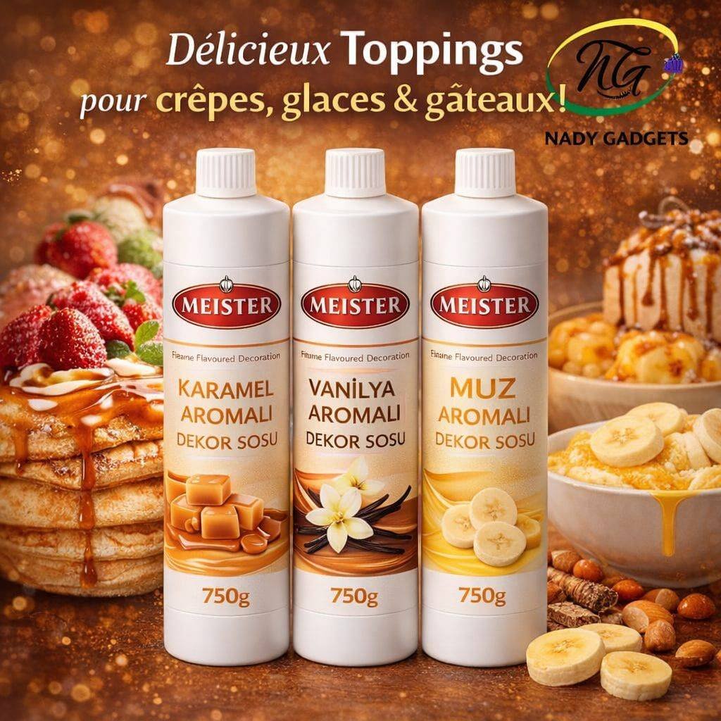 Bouteilles de sauces topping dessert Meister aux saveurs caramel, vanille et banane.