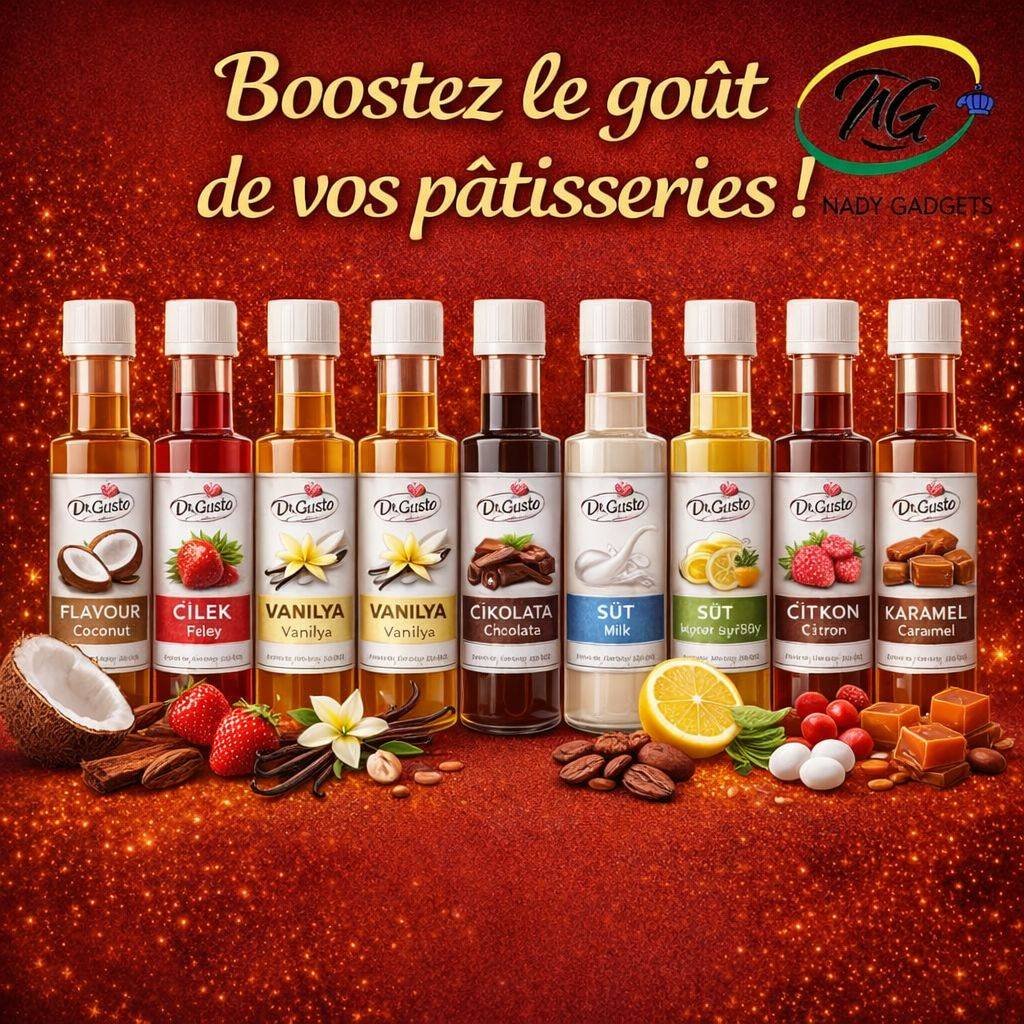Assortiment de bouteilles d'arômes alimentaires Dr. Gusto pour la pâtisserie.