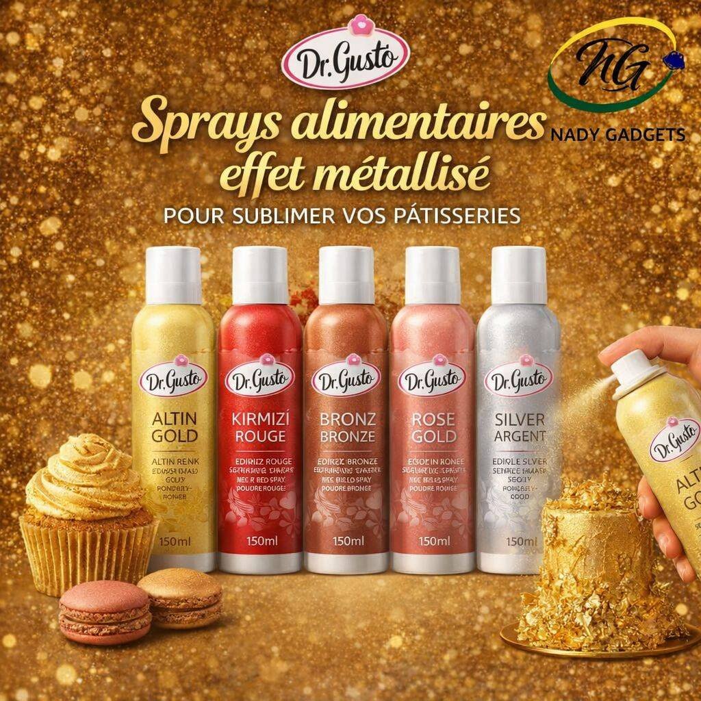 Sprays alimentaires Dr. Gusto avec effet métallisé en plusieurs couleurs pour la décoration de pâtisseries.