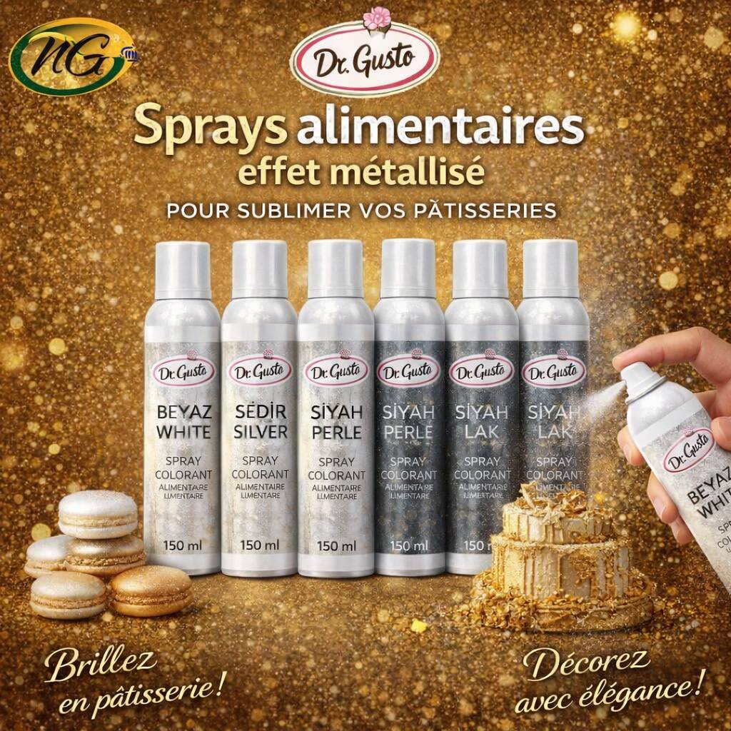 Sprays colorants alimentaires Dr. Gusto effet perlé et métallisé pour une finition élégante.